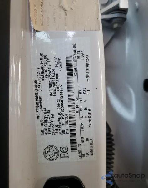 2021 Ford F150 Supercrew z USA, uszkodzony, nr VIN 1FTFW1E56MFB44335